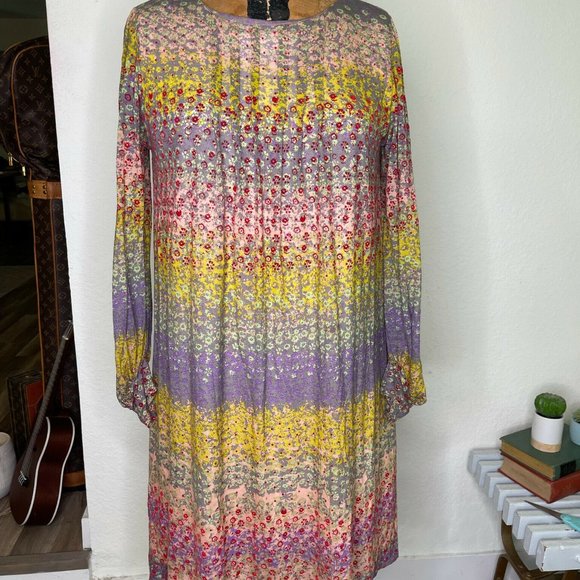 Tsumori Chisato Womens Multicolor Floral Pleated Front Midi Aline Dress Size 2 - Picture 1 of 11